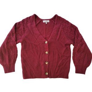 Ally Mae Cable Knit Cardigan Women M Burnt Red Lantern Sleeve Knit Vneck Sweater